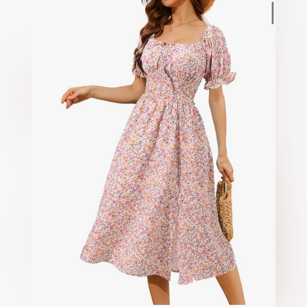 New Floral Print Beach Dress Midi Short Sleeves A Line S